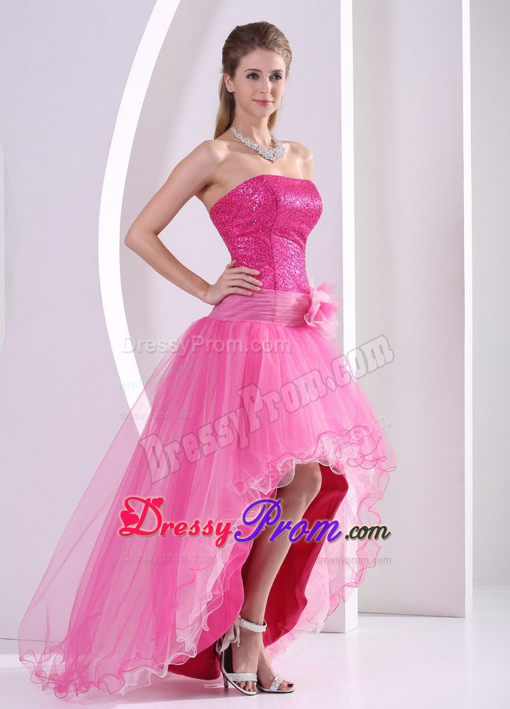 High-low Hot Pink Sequins Hand Flower Prom Celebrity Dress