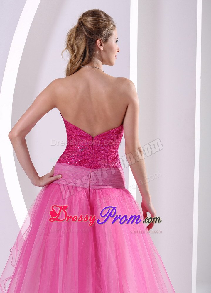 High-low Hot Pink Sequins Hand Flower Prom Celebrity Dress