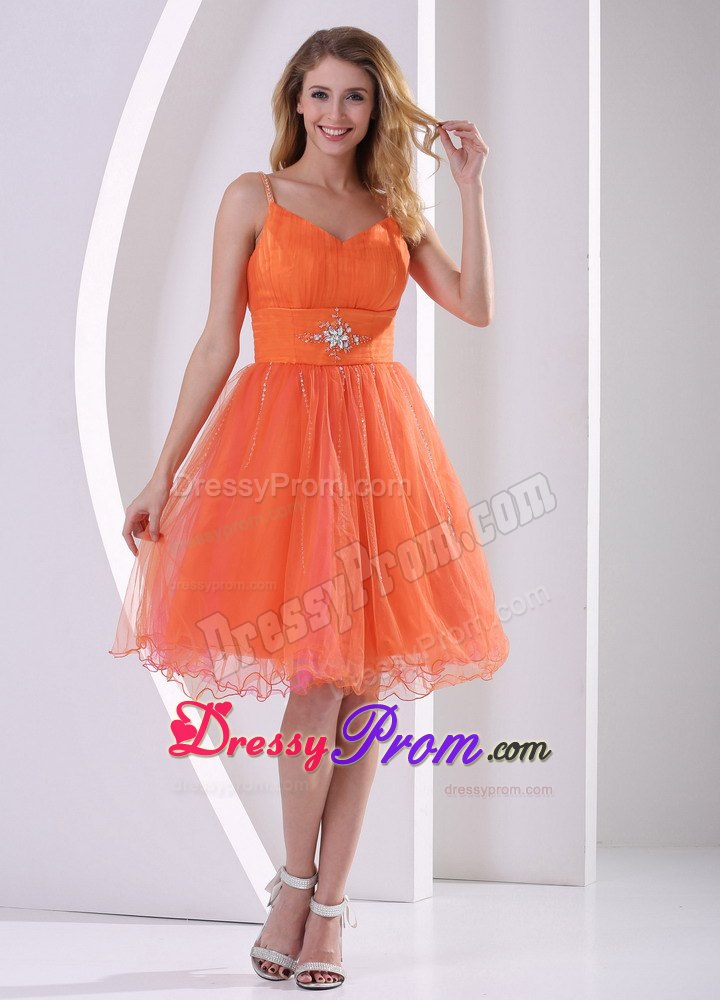 Beading Sash Orange Mini Prom Theme Dresses with Spaghetti Straps