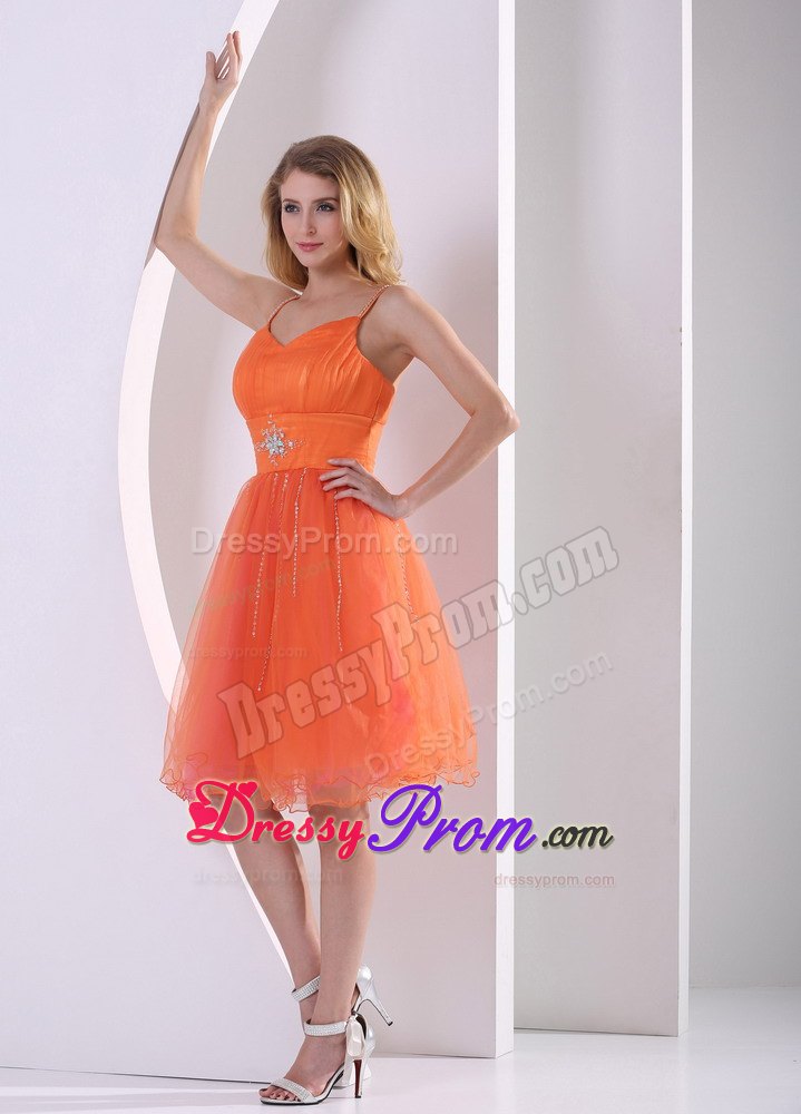 Beading Sash Orange Mini Prom Theme Dresses with Spaghetti Straps