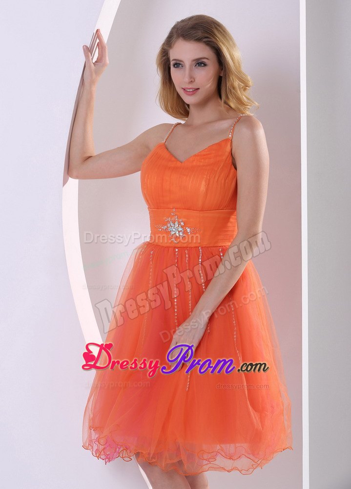 Beading Sash Orange Mini Prom Theme Dresses with Spaghetti Straps