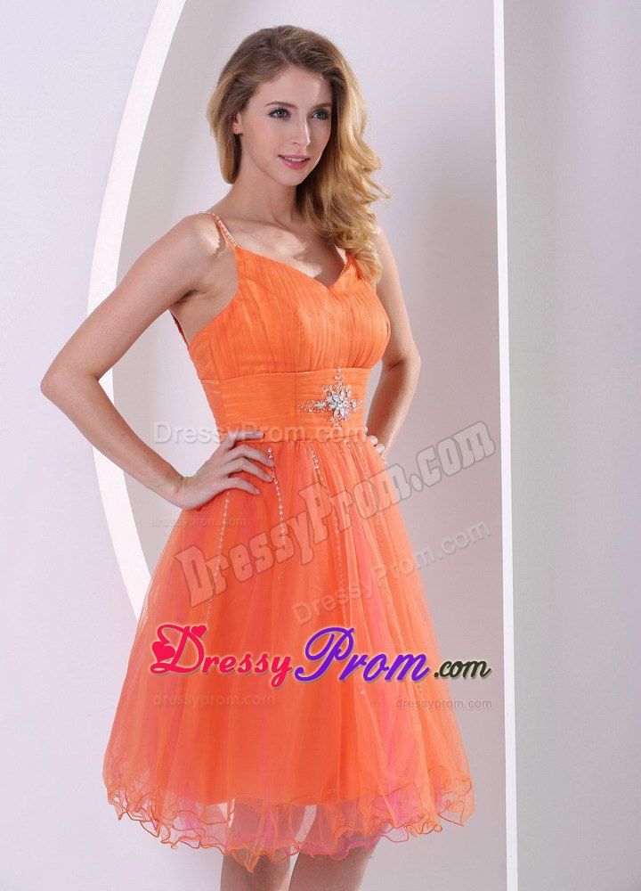 Beading Sash Orange Mini Prom Theme Dresses with Spaghetti Straps