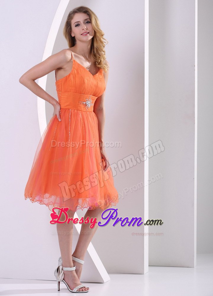 Beading Sash Orange Mini Prom Theme Dresses with Spaghetti Straps