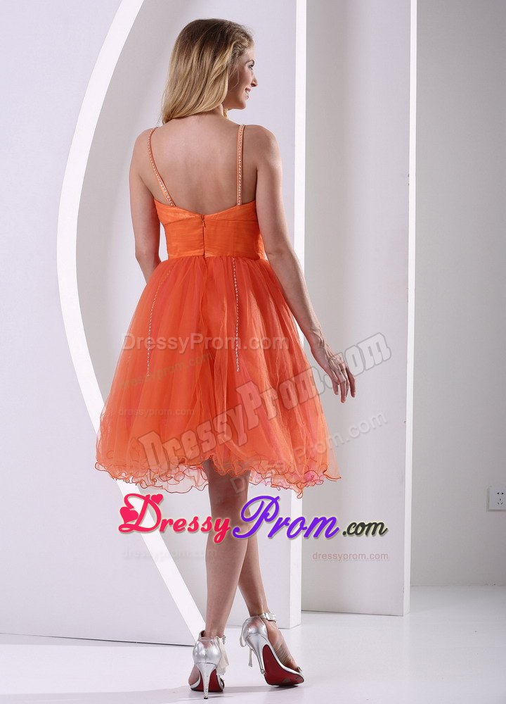 Beading Sash Orange Mini Prom Theme Dresses with Spaghetti Straps