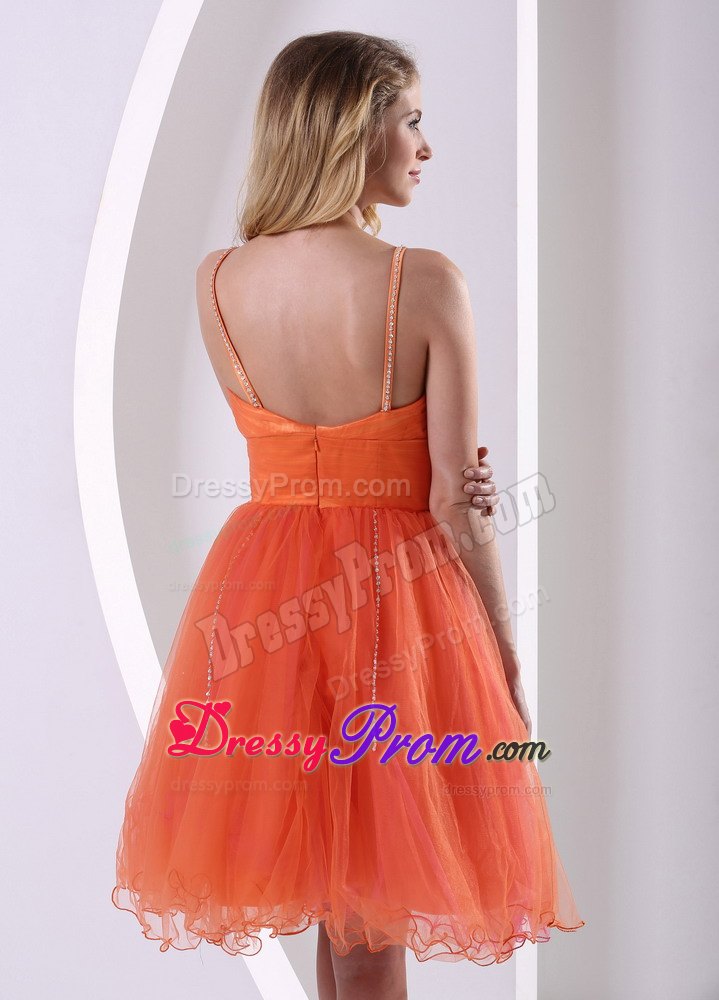 Beading Sash Orange Mini Prom Theme Dresses with Spaghetti Straps