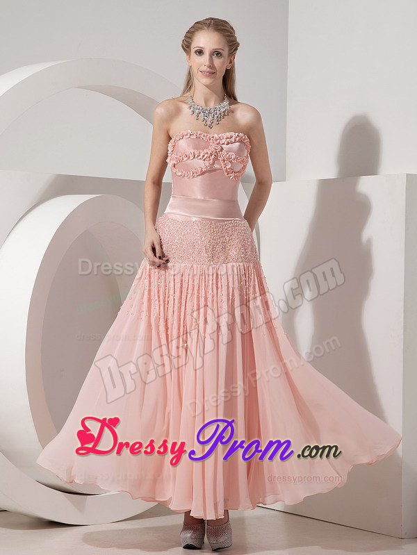 Ruffled and Beaded Light Pink Prom Theme Dress of Ankle Length