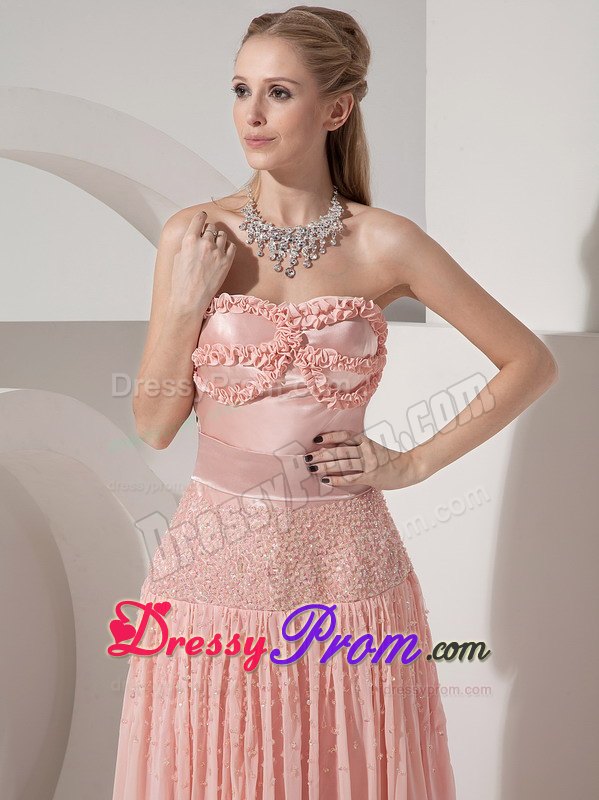Ruffled and Beaded Light Pink Prom Theme Dress of Ankle Length