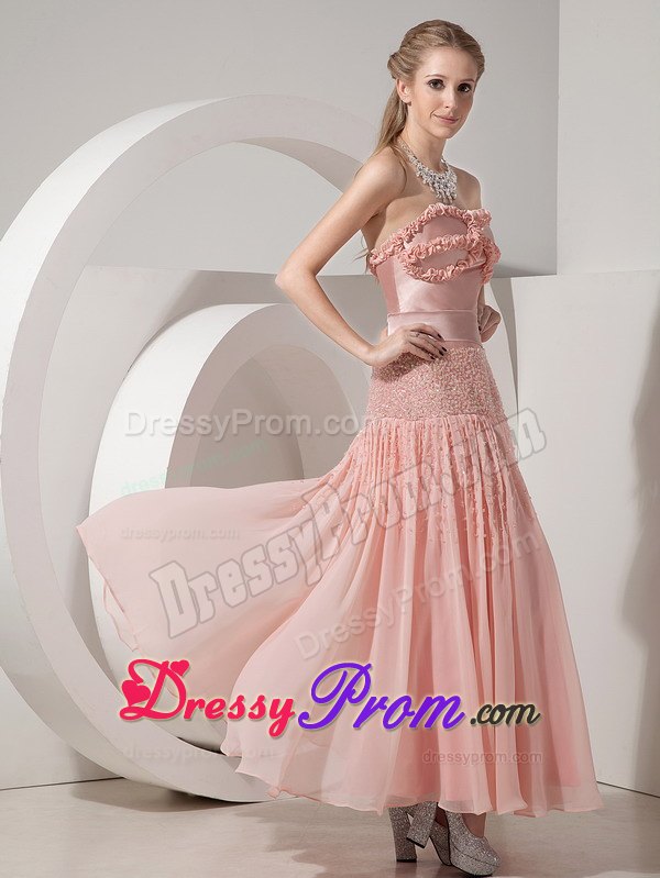 Ruffled and Beaded Light Pink Prom Theme Dress of Ankle Length