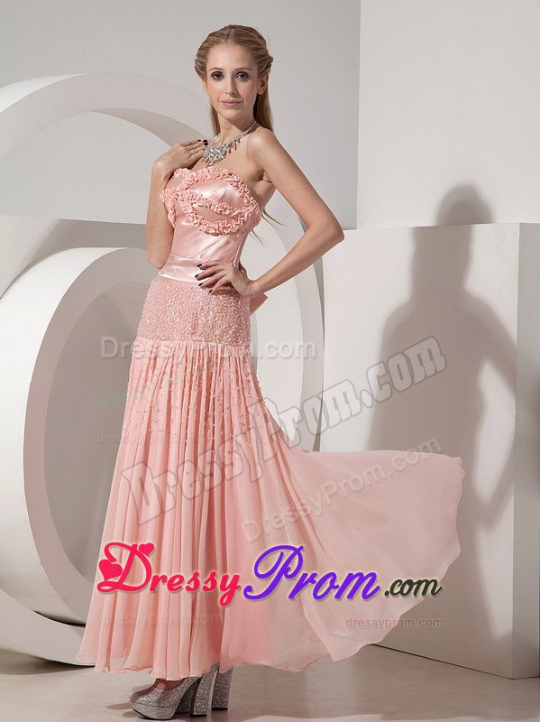 Ruffled and Beaded Light Pink Prom Theme Dress of Ankle Length