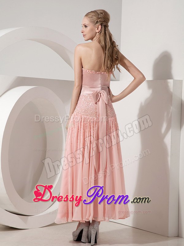 Ruffled and Beaded Light Pink Prom Theme Dress of Ankle Length