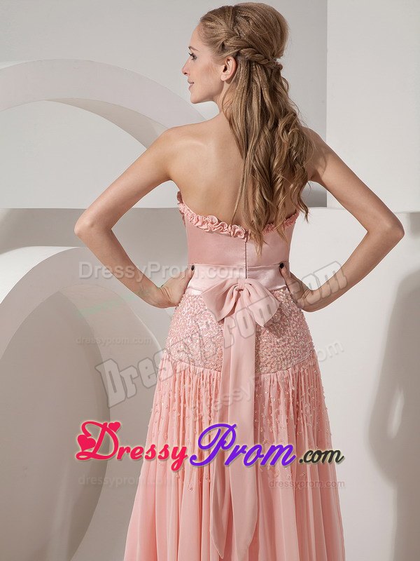 Ruffled and Beaded Light Pink Prom Theme Dress of Ankle Length