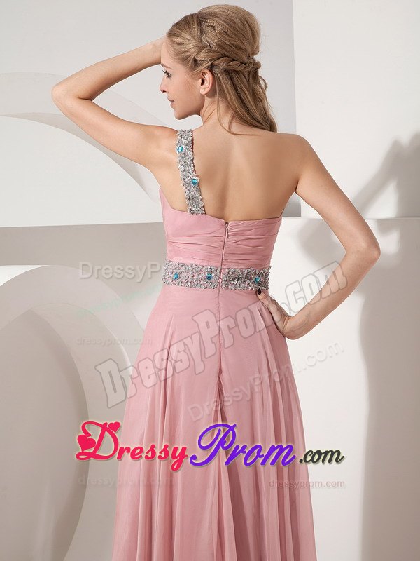 Beaded One Shoulder Chiffon Long Prom Theme Dresses in Rose Pink