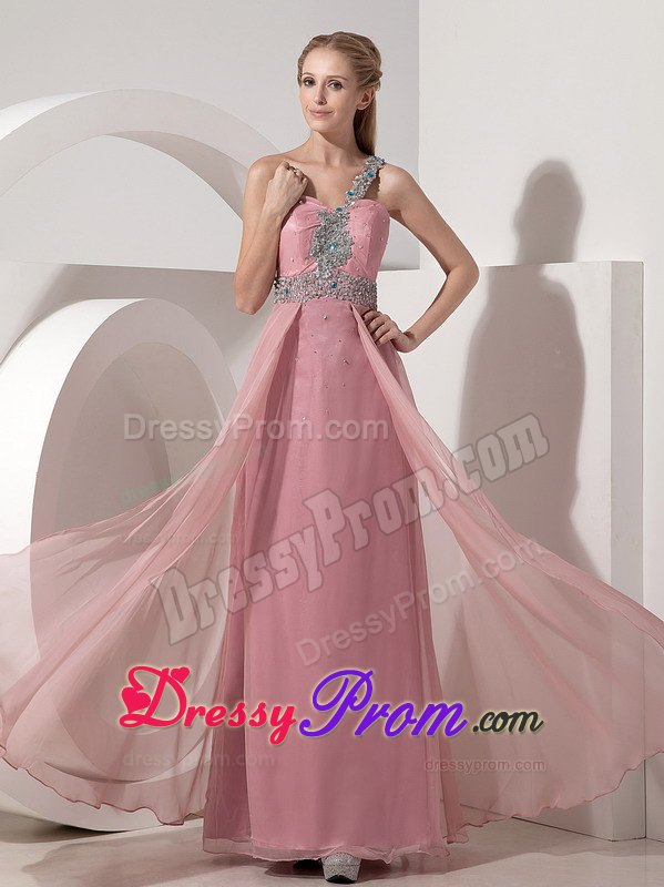 Beaded One Shoulder Chiffon Long Prom Theme Dresses in Rose Pink