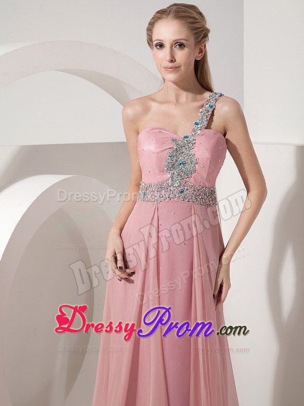 Beaded One Shoulder Chiffon Long Prom Theme Dresses in Rose Pink