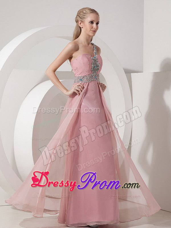 Beaded One Shoulder Chiffon Long Prom Theme Dresses in Rose Pink