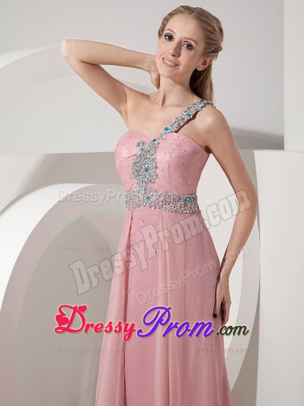 Beaded One Shoulder Chiffon Long Prom Theme Dresses in Rose Pink