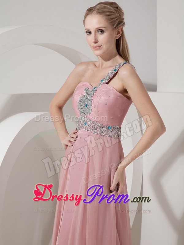Beaded One Shoulder Chiffon Long Prom Theme Dresses in Rose Pink