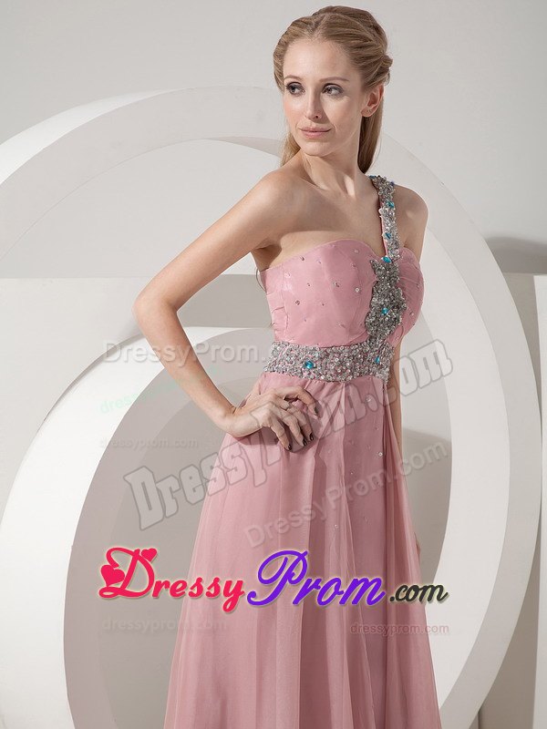 Beaded One Shoulder Chiffon Long Prom Theme Dresses in Rose Pink