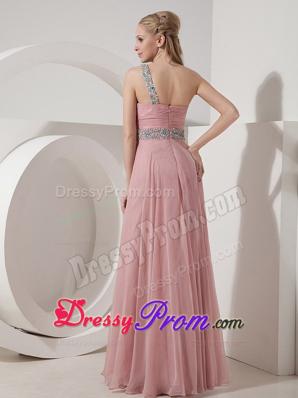 Beaded One Shoulder Chiffon Long Prom Theme Dresses in Rose Pink