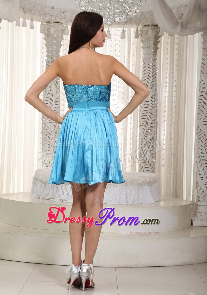 Sequined Bodice Mini Blue Prom Theme Dress with Pleated Skirt