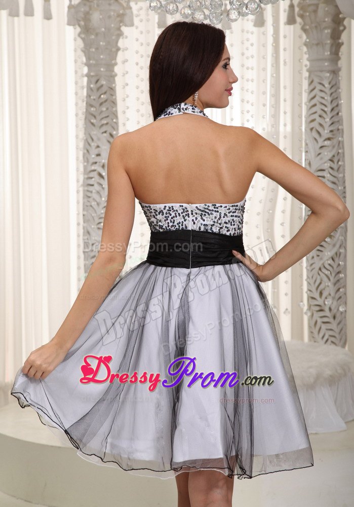 White and Black Halter Prom Theme Dresses with Sash and Sequins