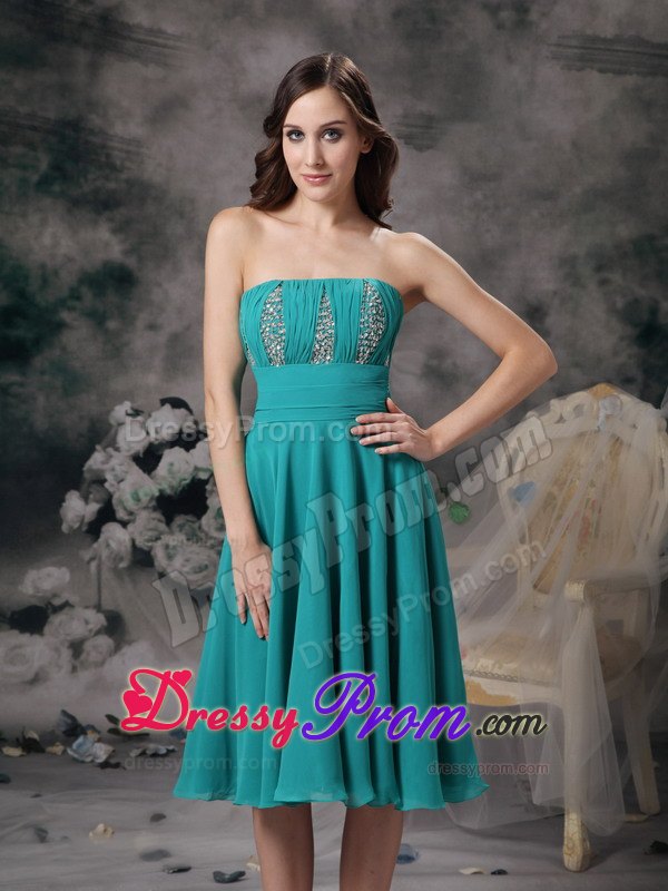 Turquoise Knee Length Prom Theme Dresses with Beading and Ruches