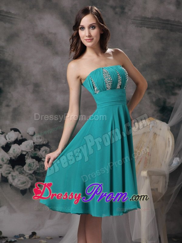 Turquoise Knee Length Prom Theme Dresses with Beading and Ruches