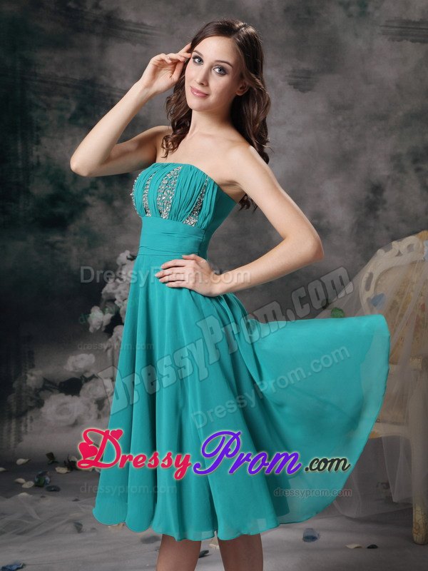 Turquoise Knee Length Prom Theme Dresses with Beading and Ruches