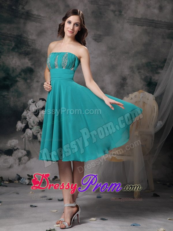 Turquoise Knee Length Prom Theme Dresses with Beading and Ruches