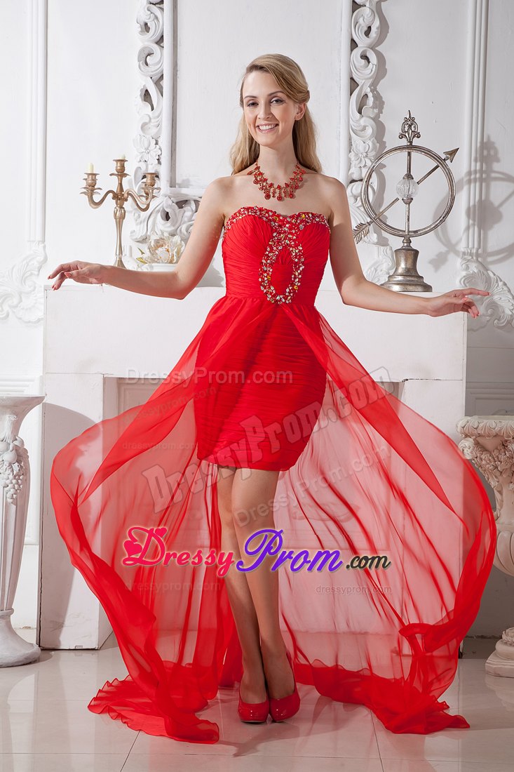 Modest Red Ruched Chffion High-low Prom Homecoming Dress