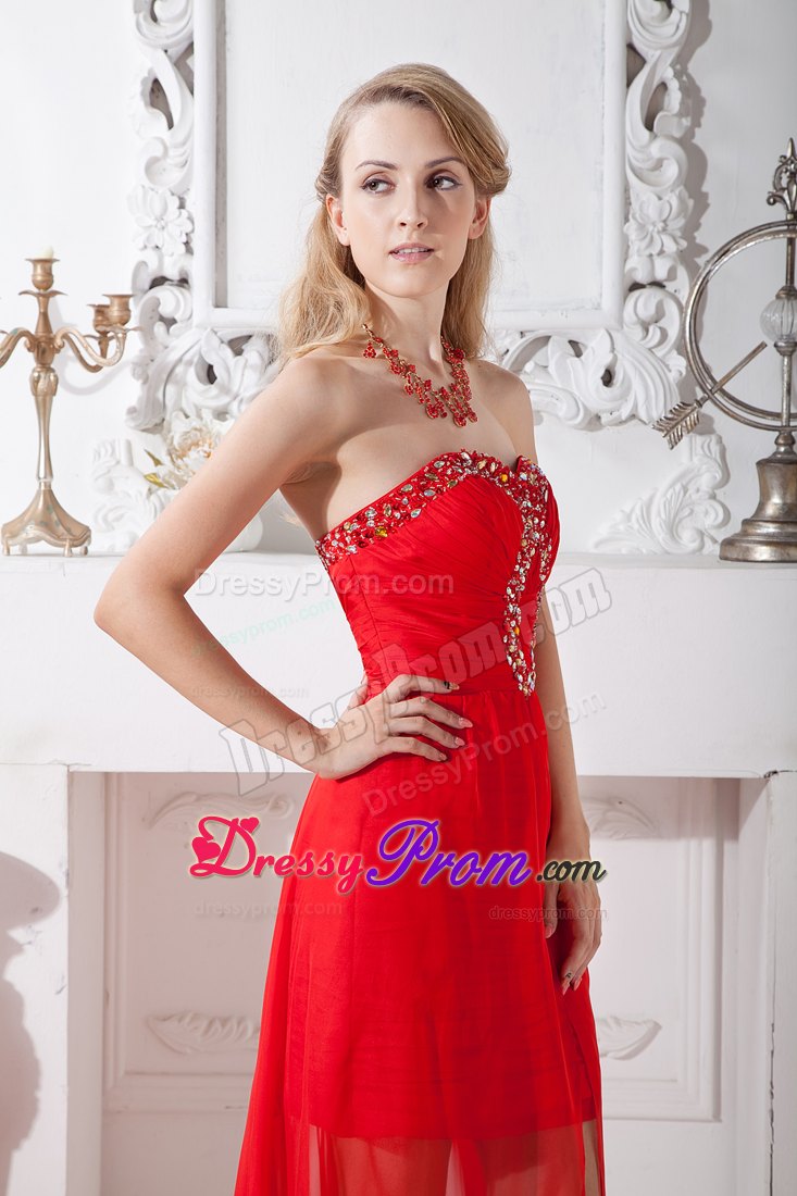 Modest Red Ruched Chffion High-low Prom Homecoming Dress