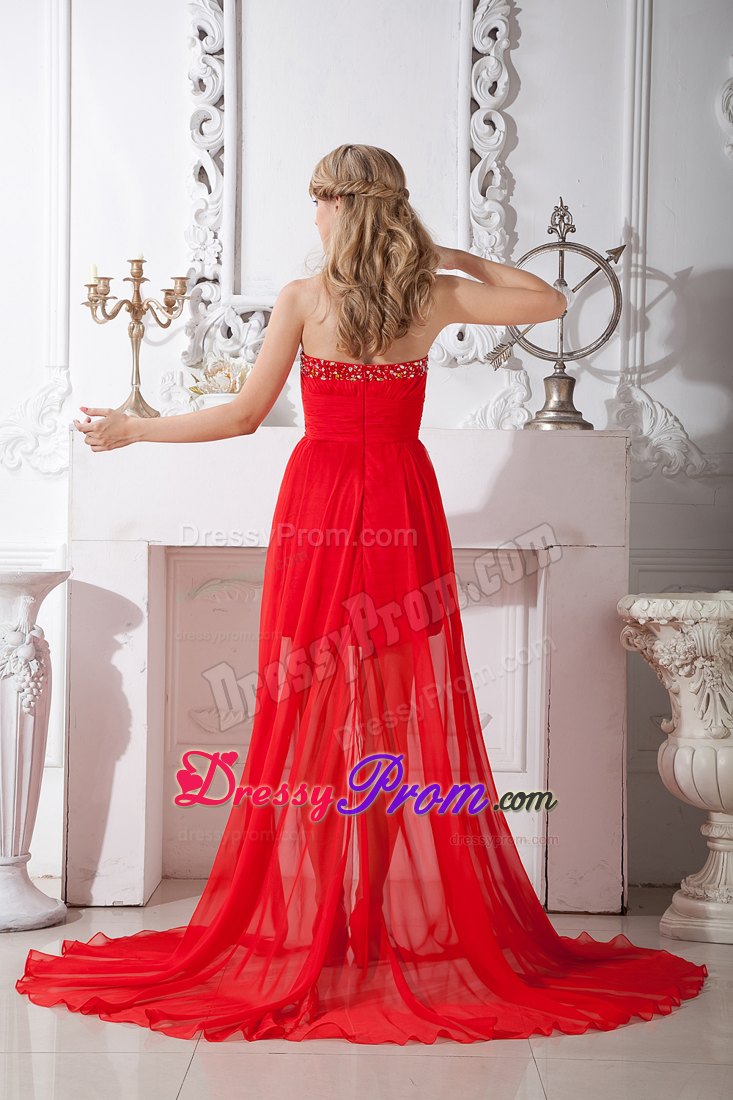 Modest Red Ruched Chffion High-low Prom Homecoming Dress