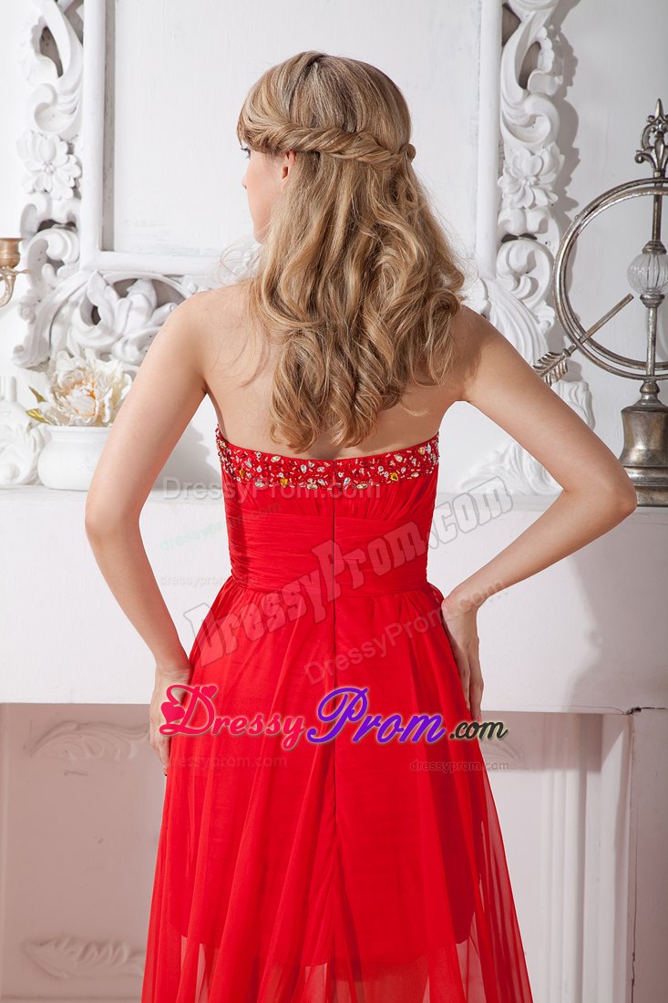 Modest Red Ruched Chffion High-low Prom Homecoming Dress