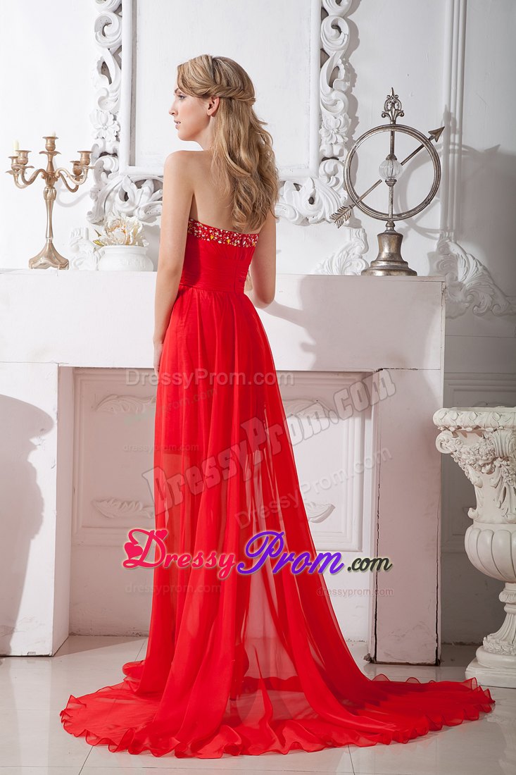 Modest Red Ruched Chffion High-low Prom Homecoming Dress
