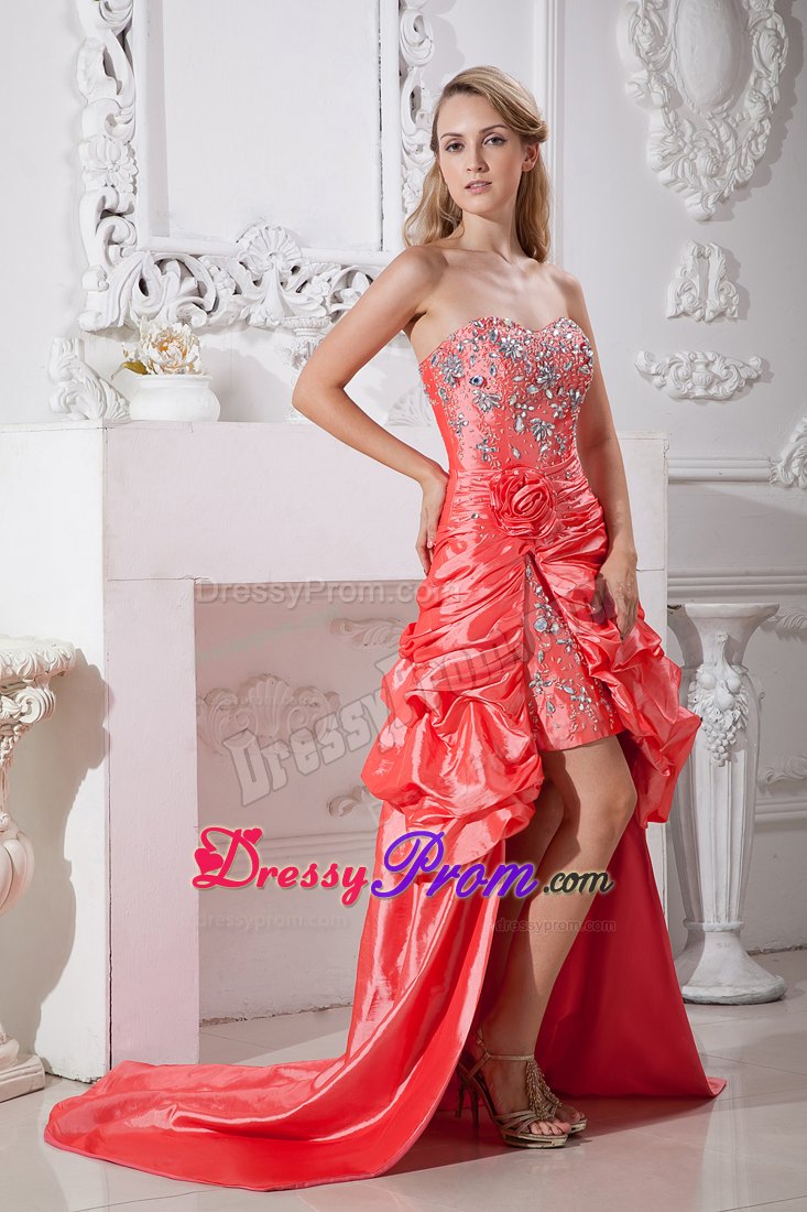 Taffeta Beaded Prom Dress in Watermelon Red with Flowers