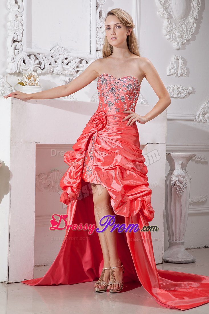 Taffeta Beaded Prom Dress in Watermelon Red with Flowers