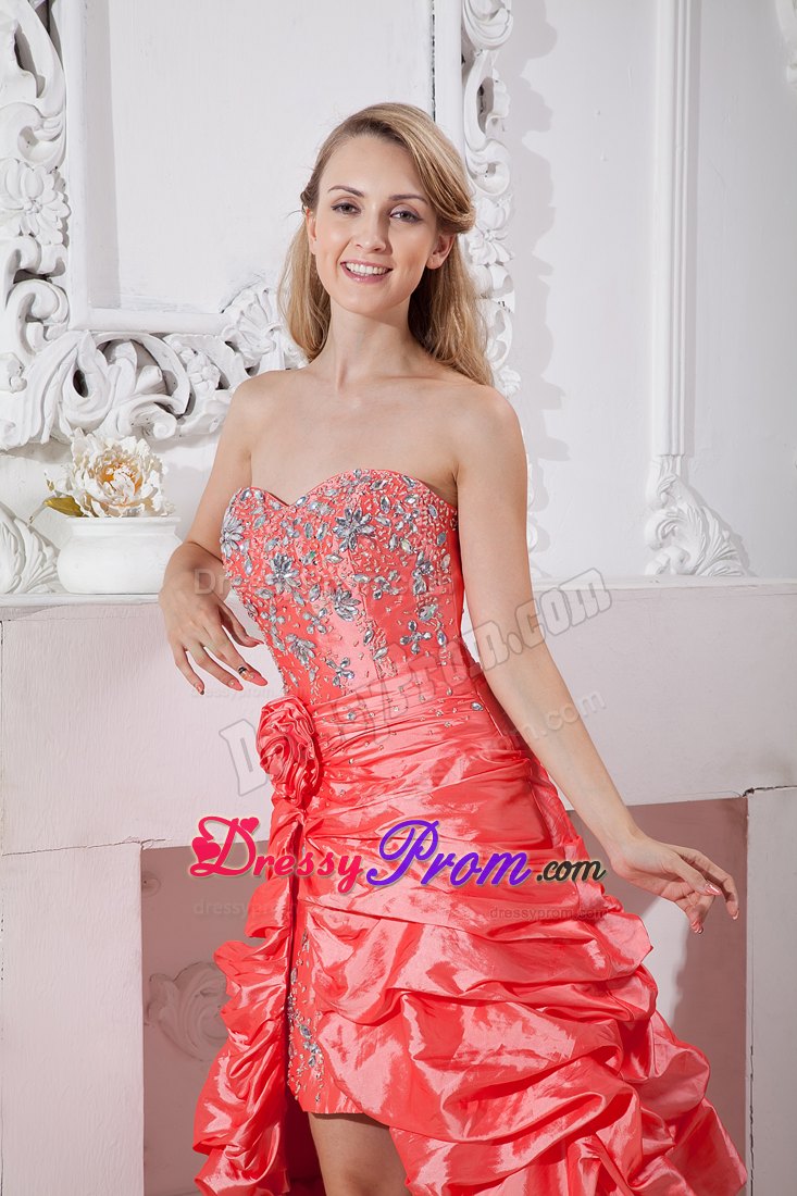 Taffeta Beaded Prom Dress in Watermelon Red with Flowers