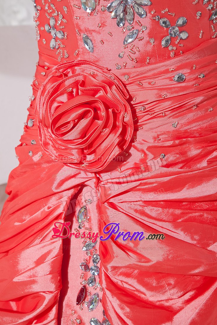 Taffeta Beaded Prom Dress in Watermelon Red with Flowers