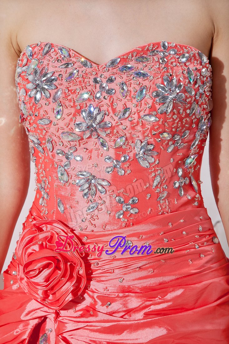 Taffeta Beaded Prom Dress in Watermelon Red with Flowers