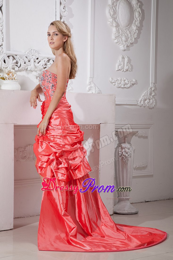 Taffeta Beaded Prom Dress in Watermelon Red with Flowers