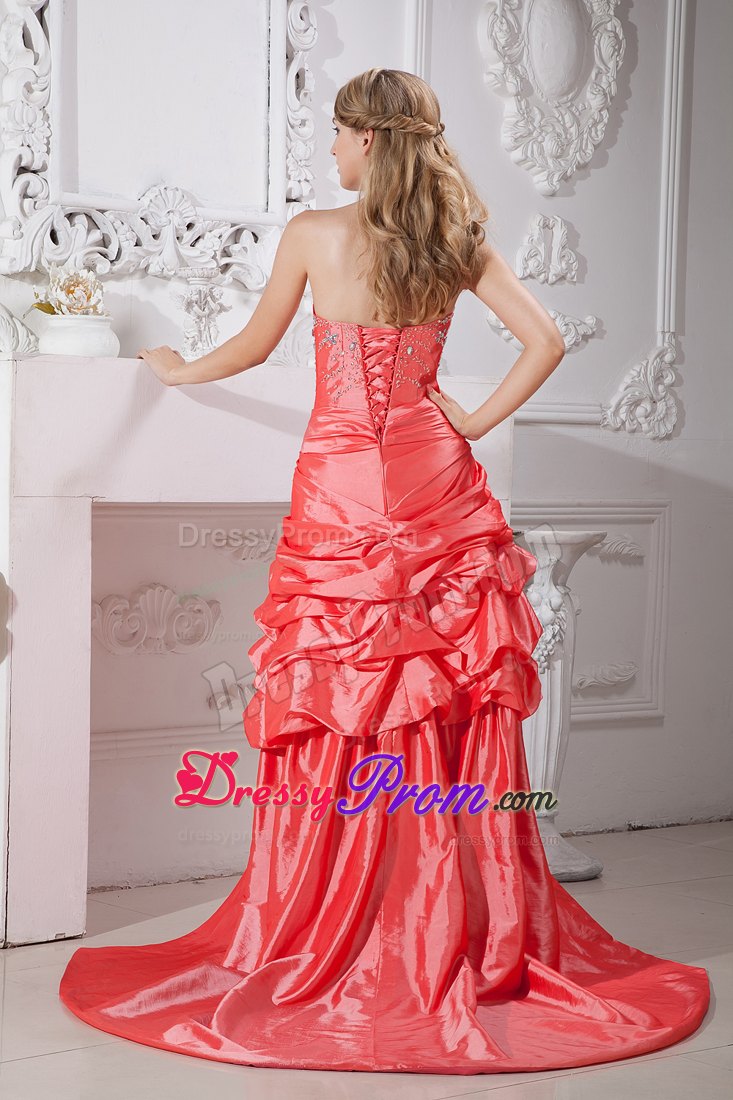 Taffeta Beaded Prom Dress in Watermelon Red with Flowers