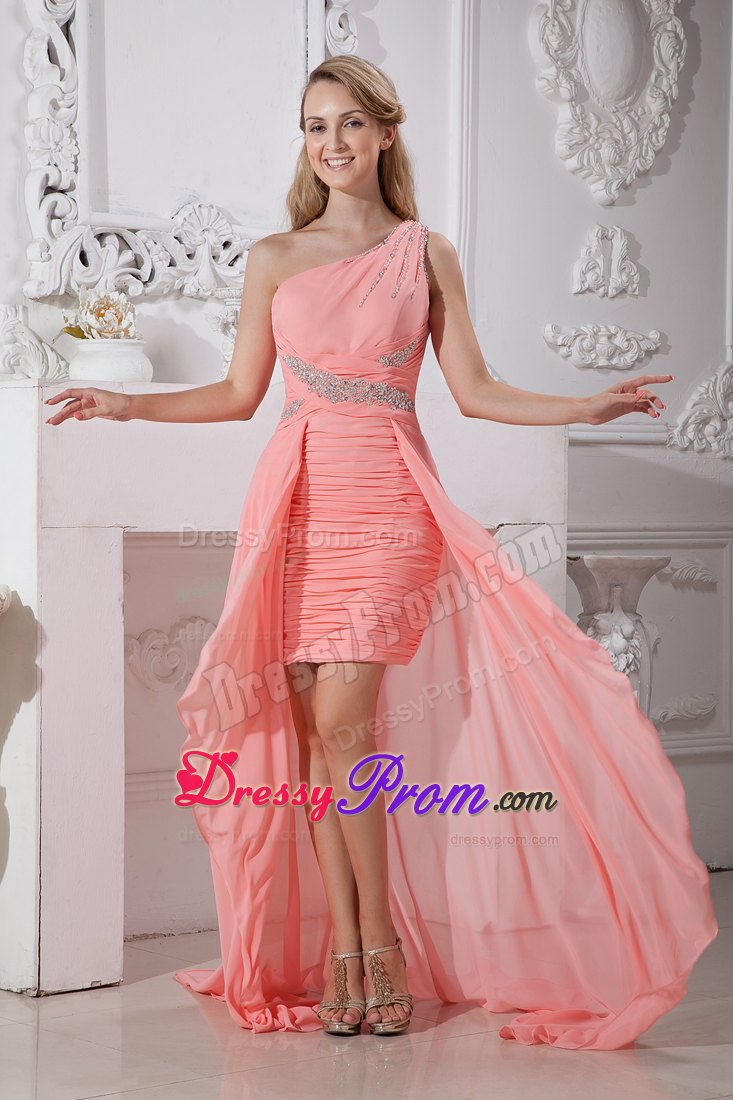 Watermelon Red One Shoulder High-low Chiffon Ruched Prom Dress