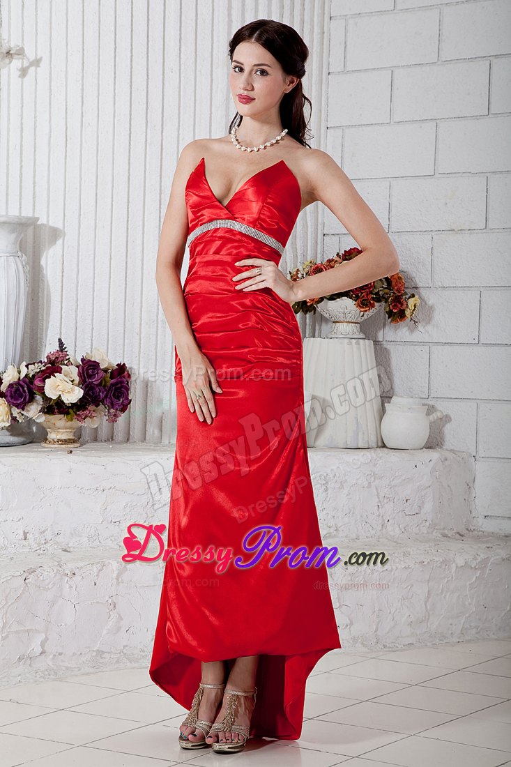 Red V-neck High-low Beading Prom Theme Dresses in Lancaster CA