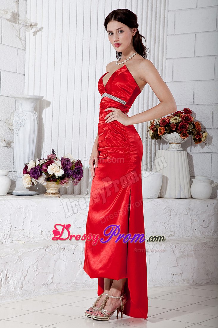 Red V-neck High-low Beading Prom Theme Dresses in Lancaster CA