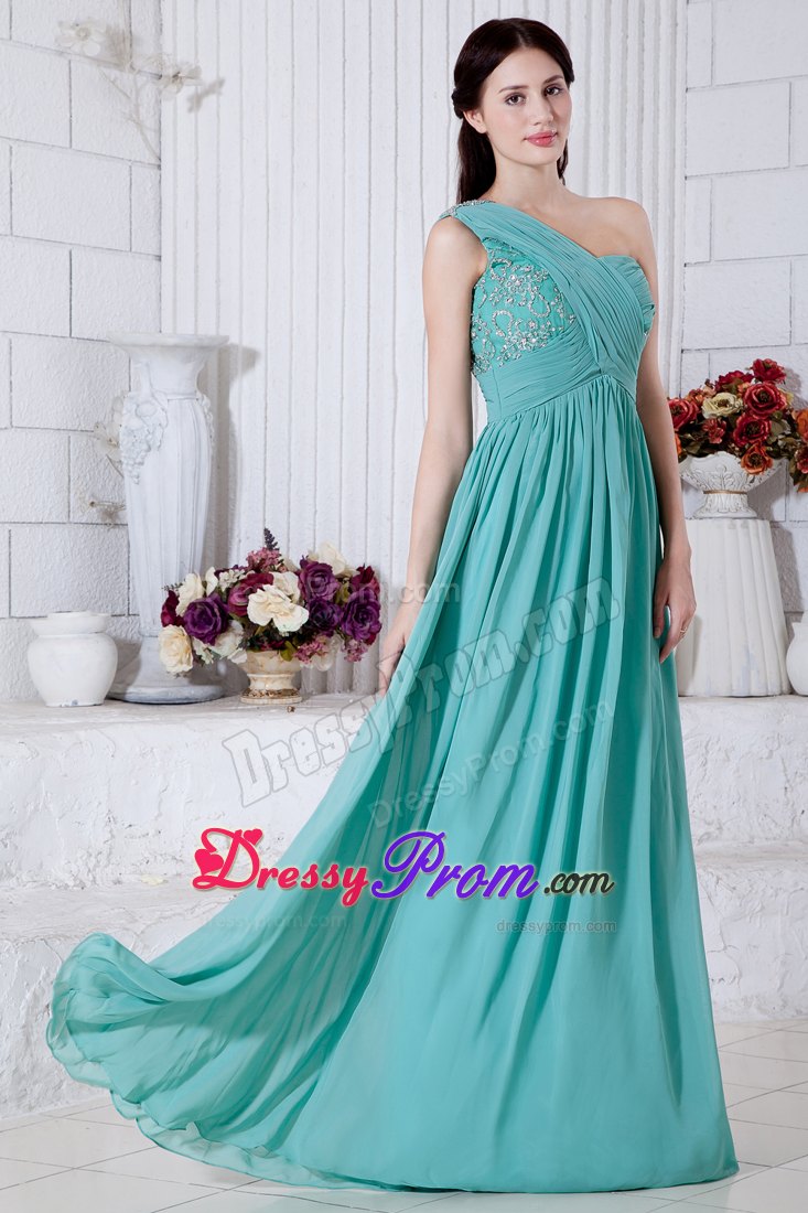 Turquoise Chiffon One Shoulder Prom Theme Dresses with Beading