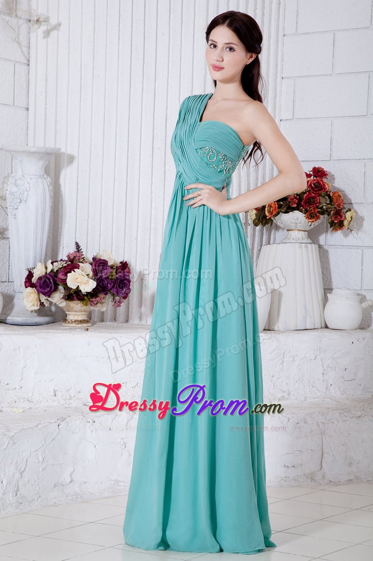 Turquoise Chiffon One Shoulder Prom Theme Dresses with Beading