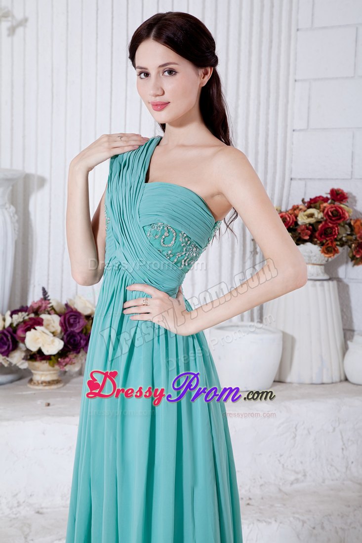 Turquoise Chiffon One Shoulder Prom Theme Dresses with Beading