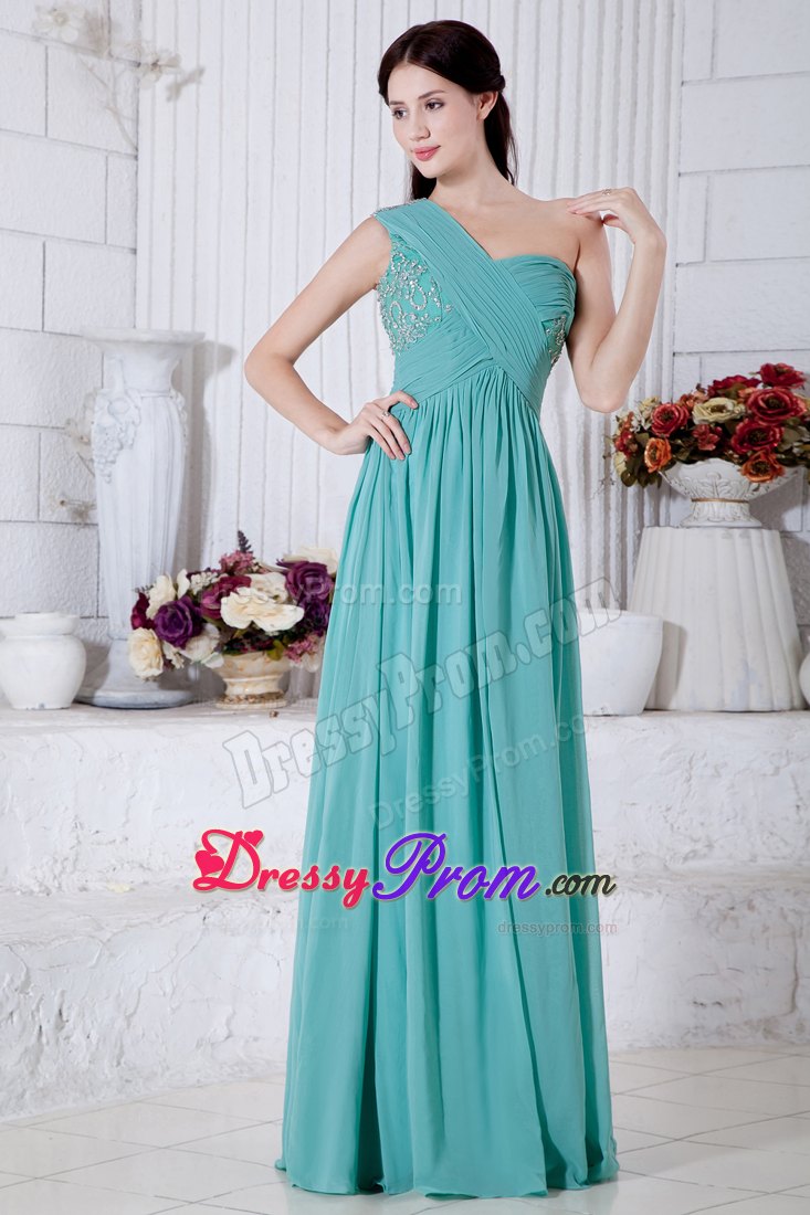 Turquoise Chiffon One Shoulder Prom Theme Dresses with Beading