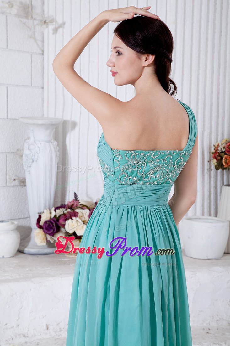 Turquoise Chiffon One Shoulder Prom Theme Dresses with Beading