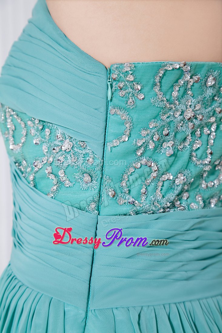 Turquoise Chiffon One Shoulder Prom Theme Dresses with Beading